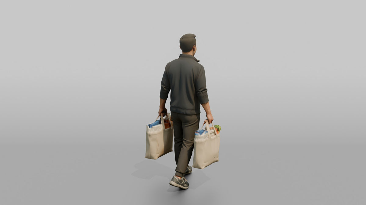 Father Carrying Two Grocery Bags, One In Each Hand - 3D character model, view 3