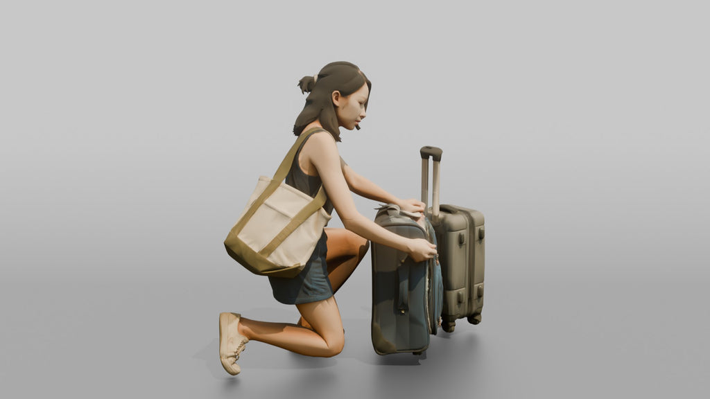 Traveler Kneeling To Zip Her Suitcase