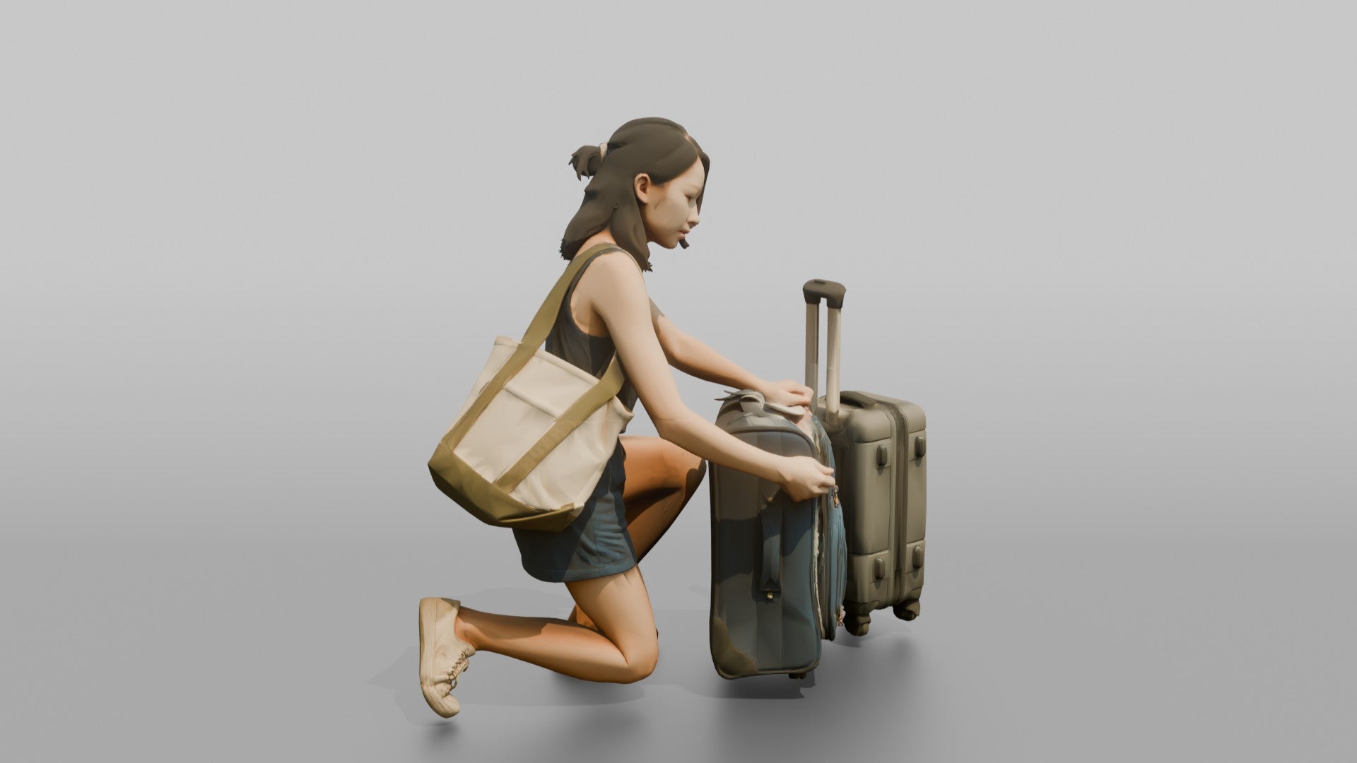 Traveler Kneeling To Zip Her Suitcase