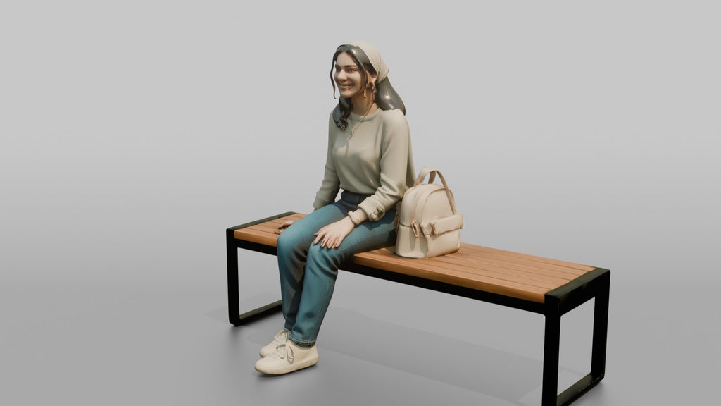 Young Woman Sitting on Bench with Backpack