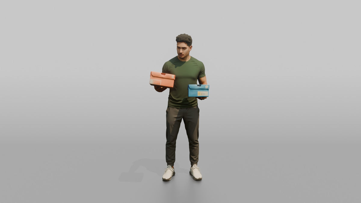 Man Customer Holding Two Sneaker Boxes To Compare - 3D character model, view 5
