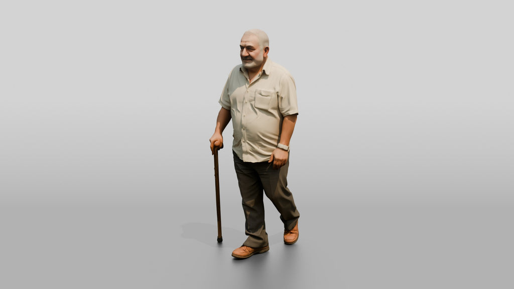 Elderly Stocky Syrian Man Walking with a Cane