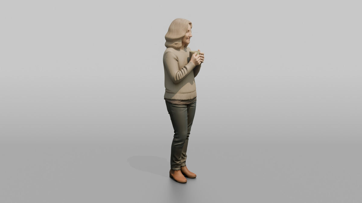 Mother Holding A Coffee Mug With Both Hands, Warming Them - 3D character model, view 2
