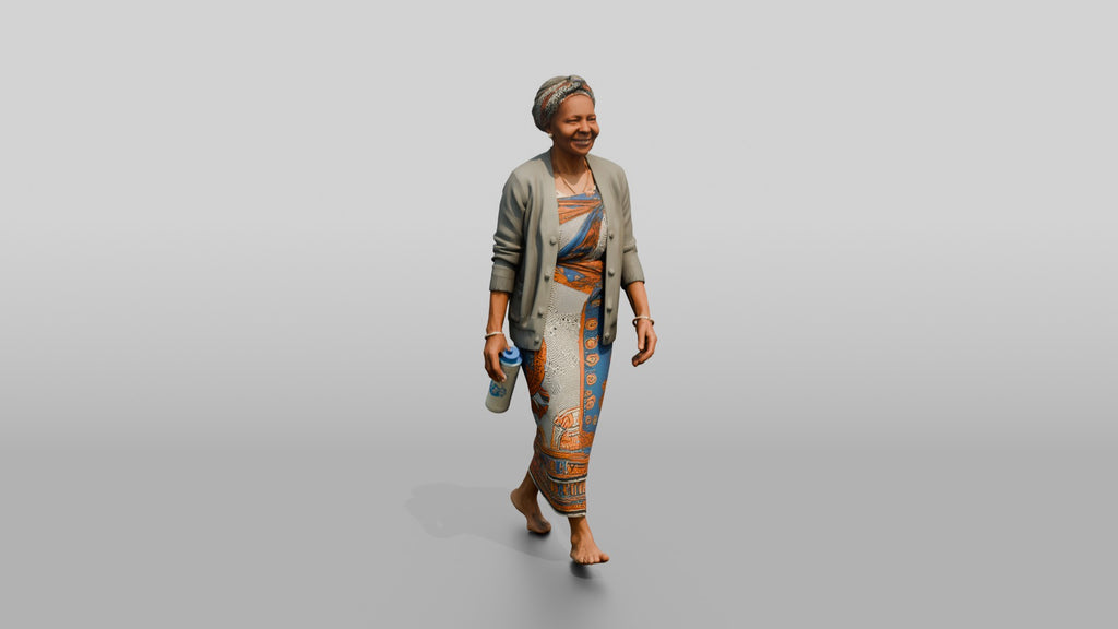 Elderly African Woman with a Water Bottle in a Wrap Dress