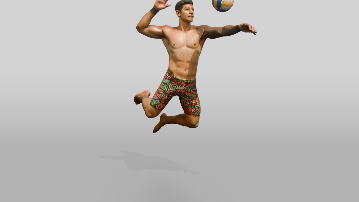 Latino Man Leaping in Beach Volleyball Pose