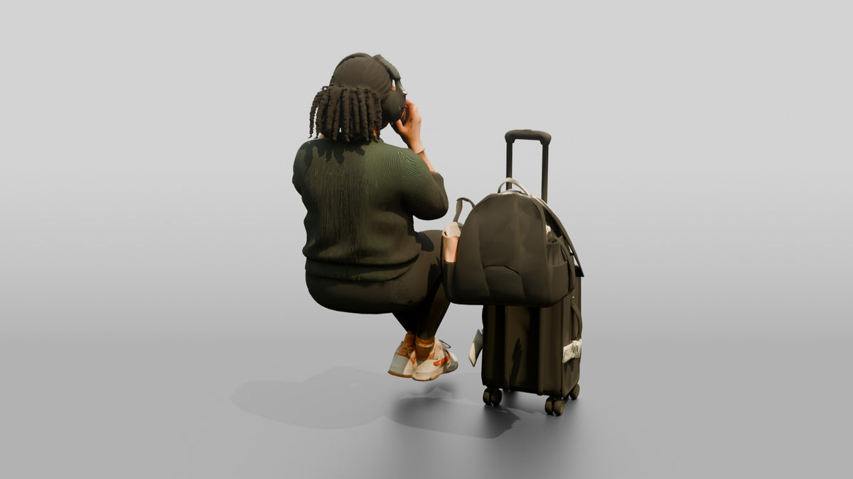 Plus-Size Black Woman Seated with Headphones Drinking Coffee - 3D character model, view 3