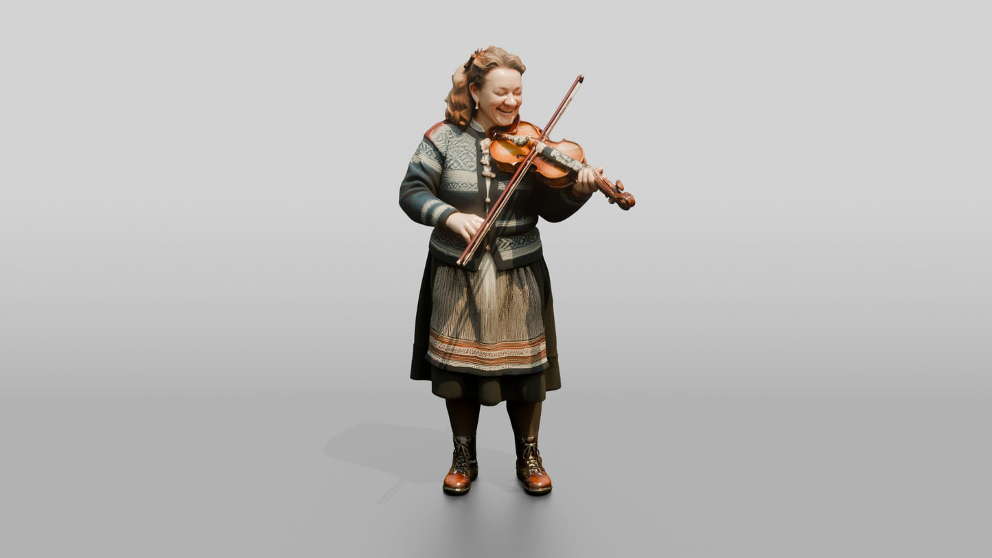 Norwegian Woman Playing Fiddle Outside a Cafe