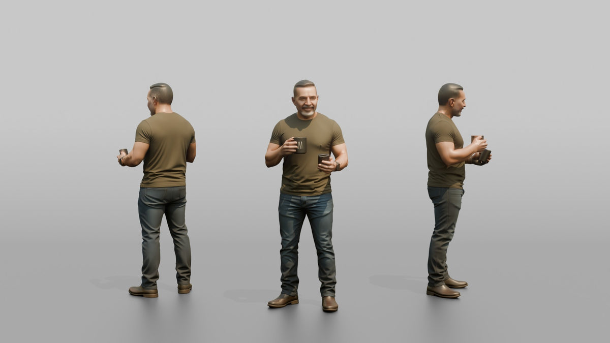 Father Holding A Coffee Mug In One Hand And A Phone In The Other - 3D character model, view 1