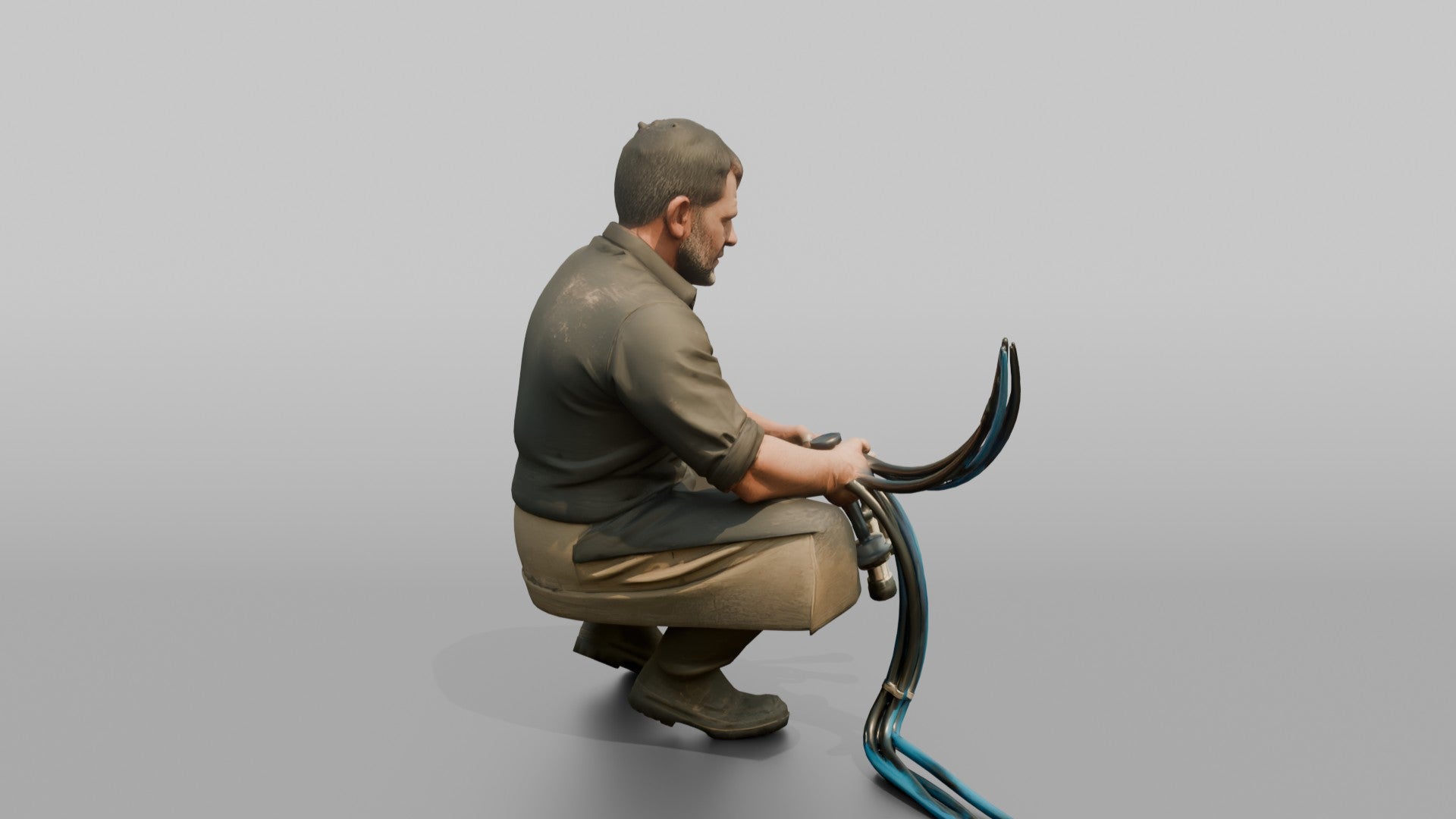Farmer Crouching Down Holding Automated Milking Apparatus Equipment
