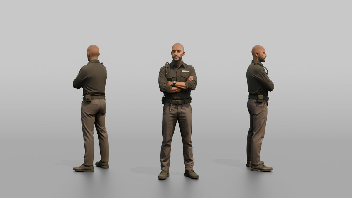 Door Staff Man Arms Crossed, Standing Guard Posture - 3D character model, view 1