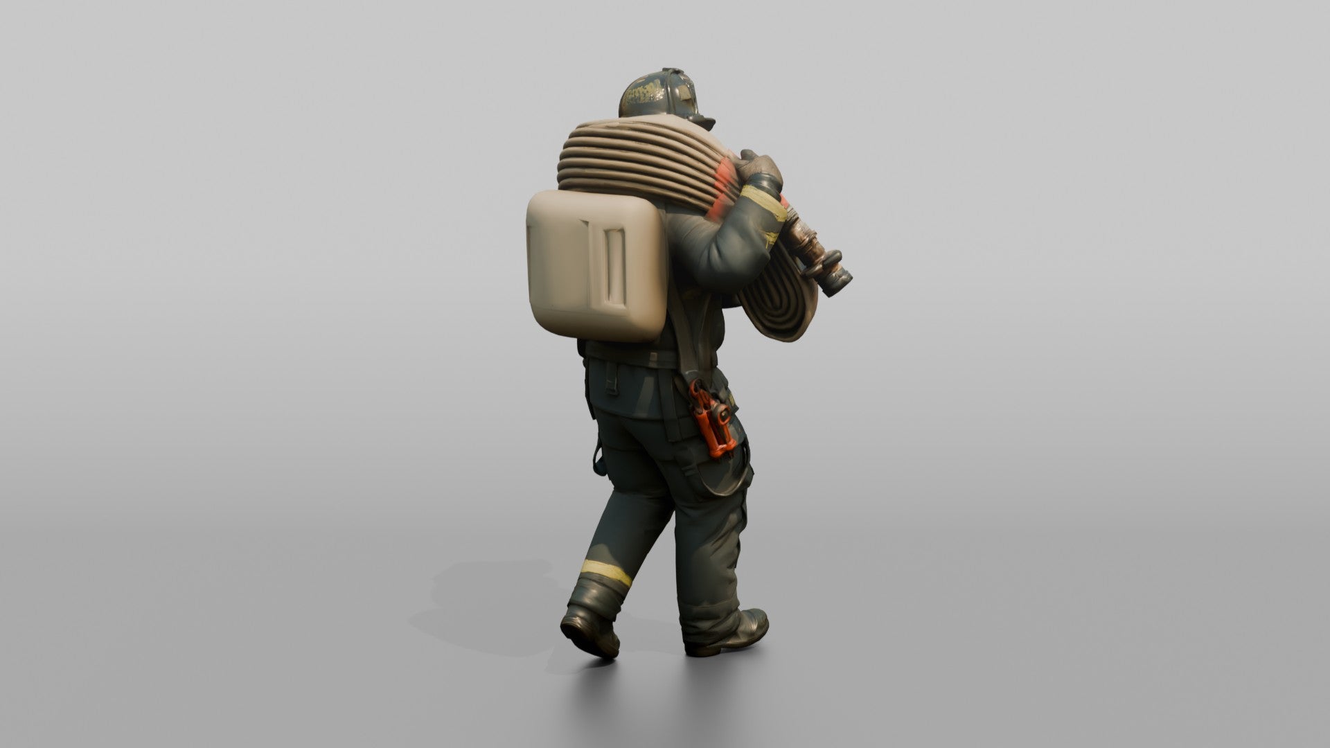 Firefighter Man Carrying a Hose Bundle on Both Shoulders