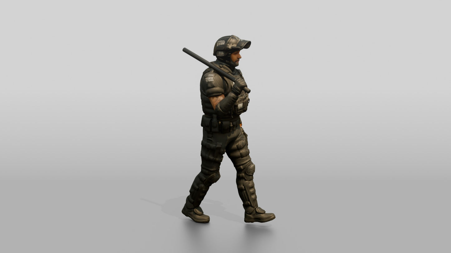 Riot Police Officer Walking with Baton