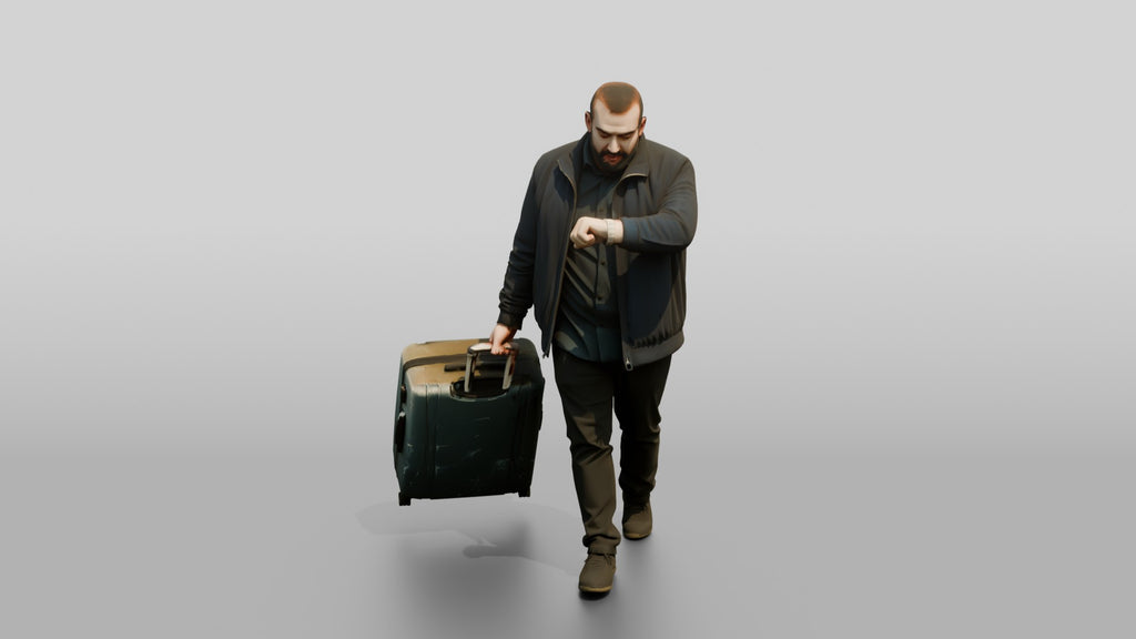 Plus-Size Bearded Man Carrying Two Suitcases Checking His Watch