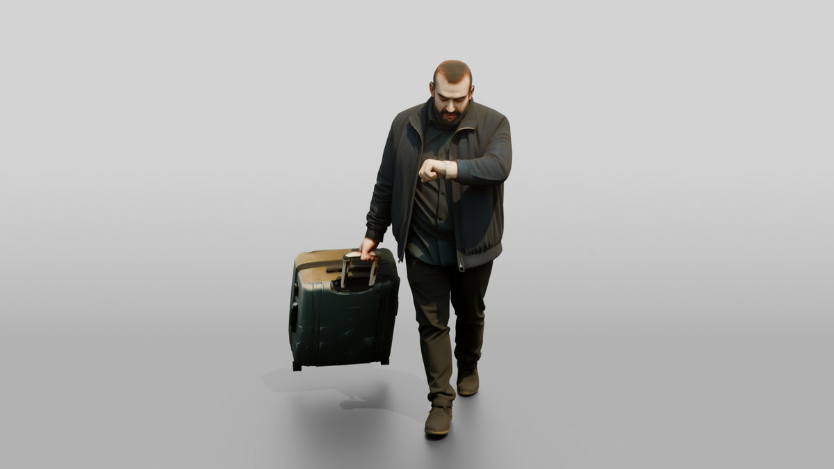 Plus-Size Bearded Man Carrying Two Suitcases Checking His Watch - 3D character model, view 5