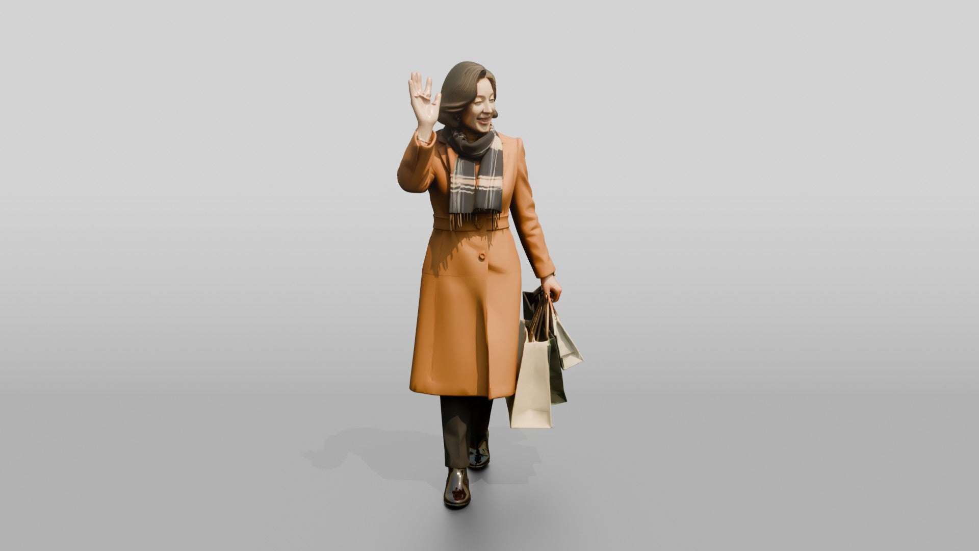 Woman Waving in Camel Wool Coat