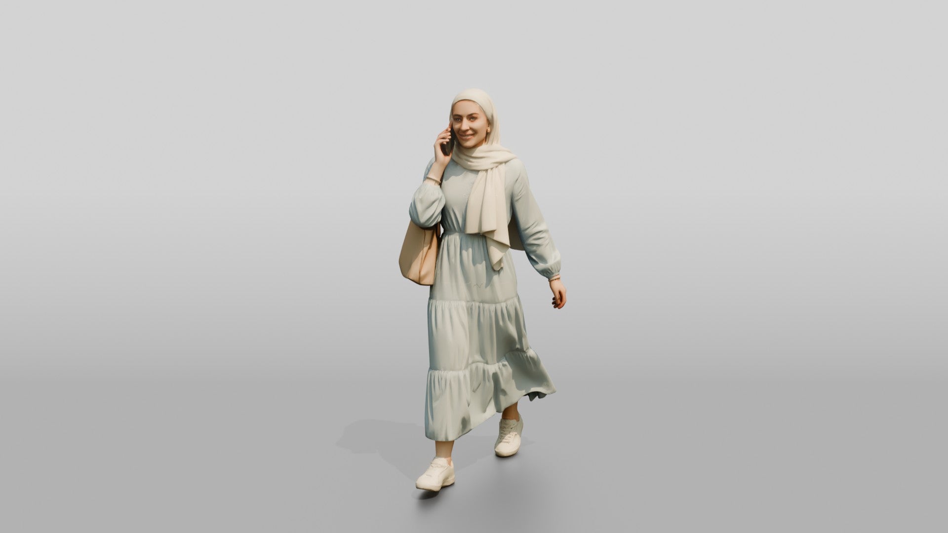 Slender Young Lebanese Woman in Hijab Walking and Texting