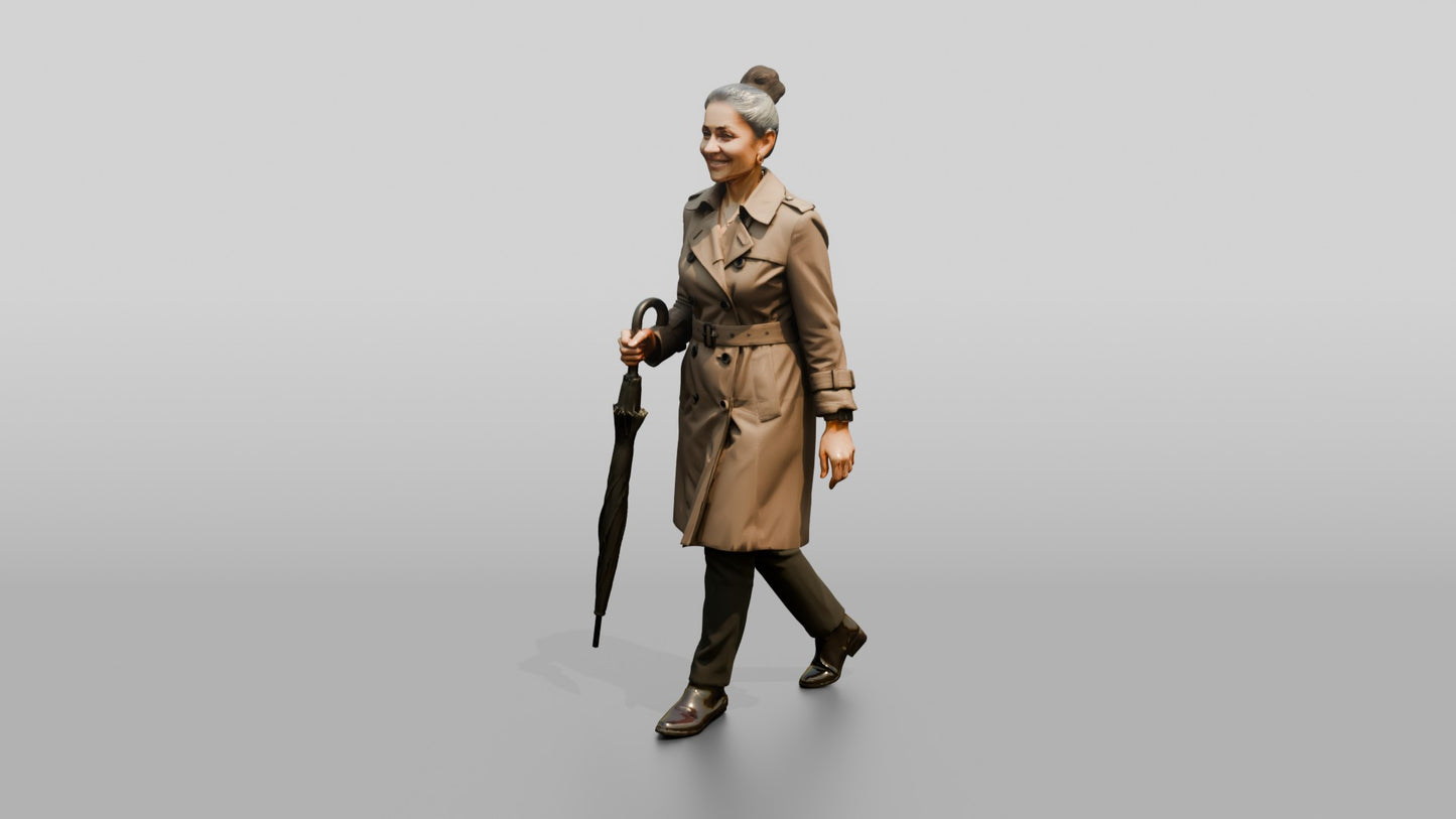 Indian Woman in Trench Coat with Black Umbrella