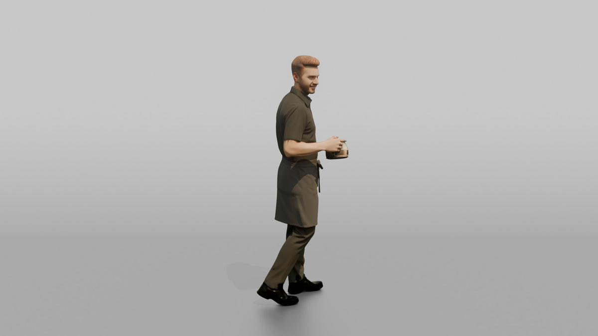 Server Man Carrying A Coffee Pot In One Hand - 3D character model, view 2