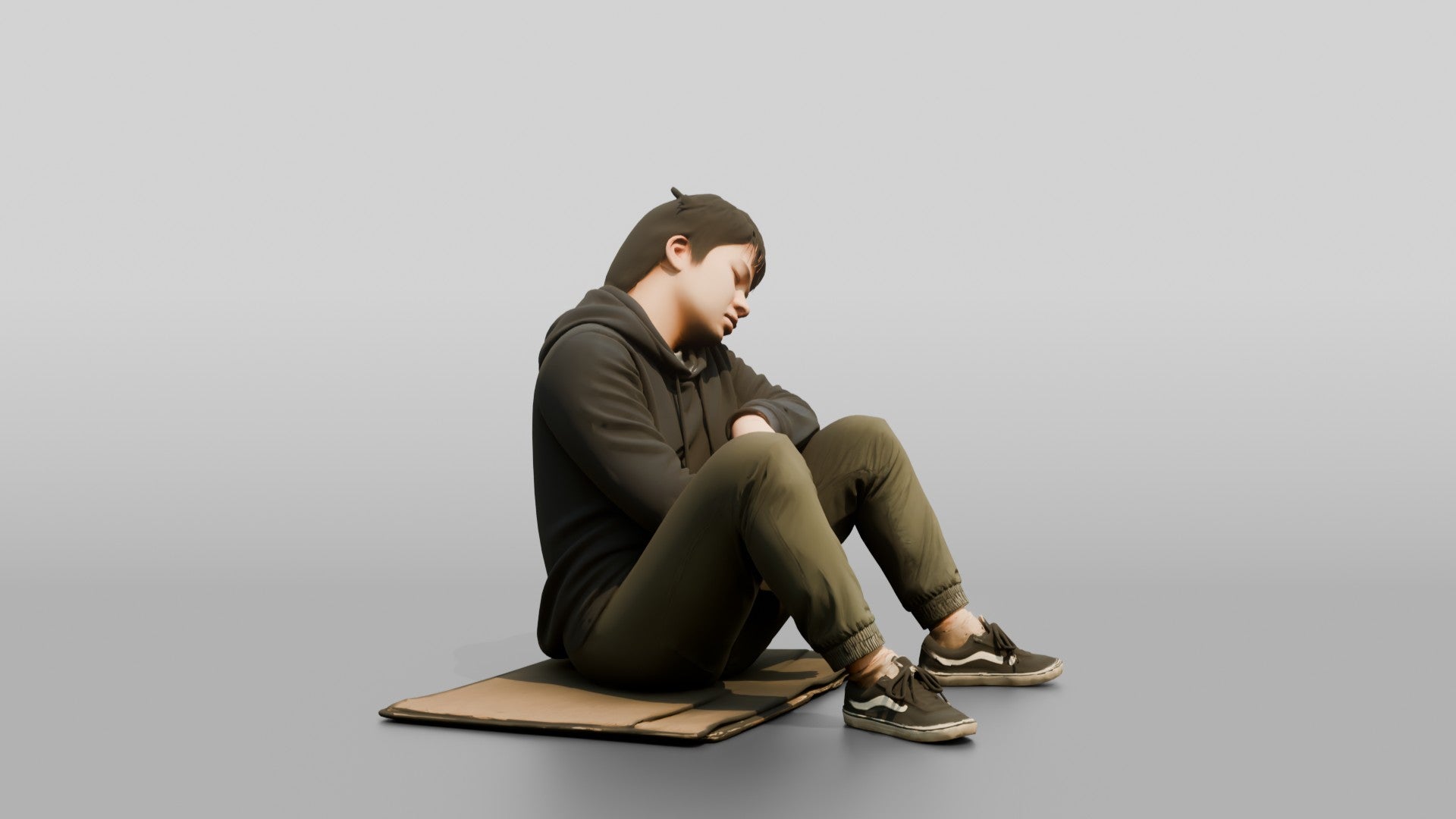 Homeless Man Sleeping with His Back Against a Wall Structure