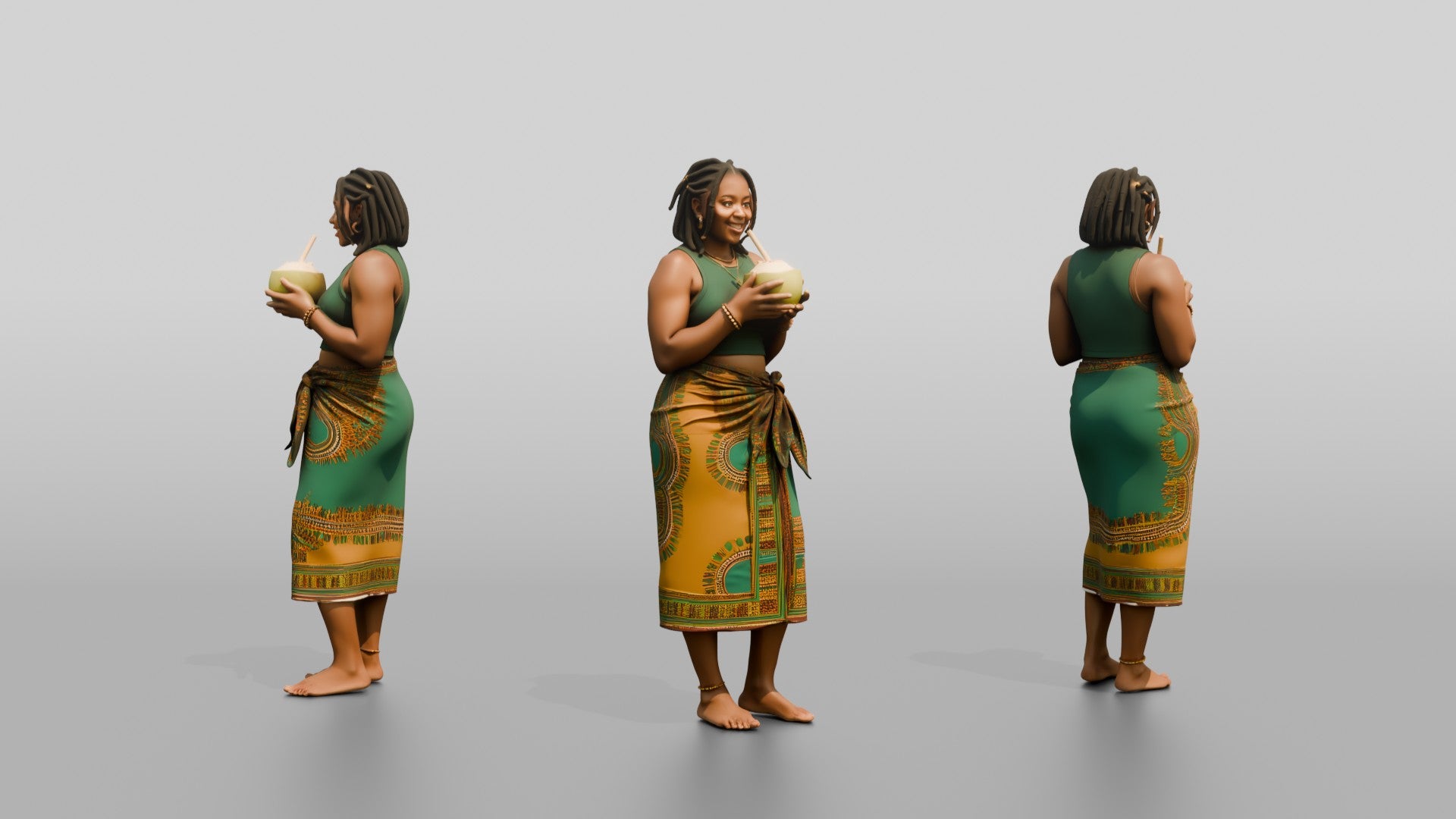 Curvy African Woman Drinking a Coconut in a Wrap Skirt