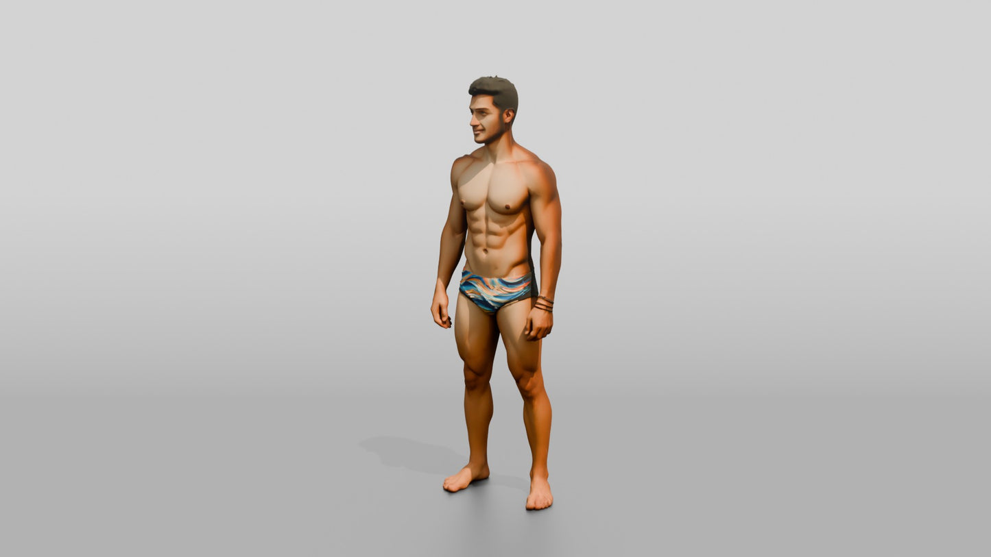 Latino Man in Multi-Colored Swim Brief Beach Pose