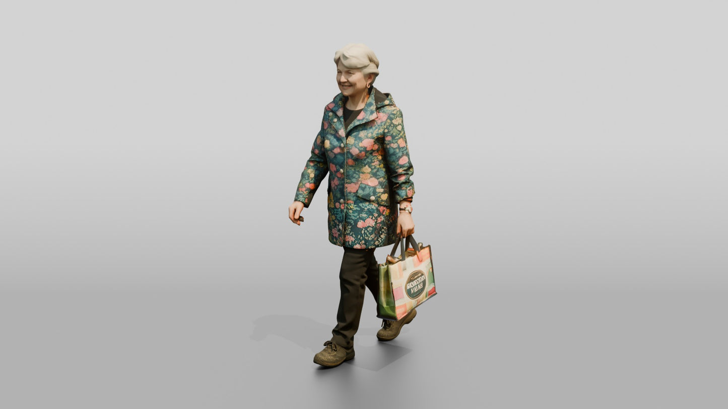 Elderly White Woman in Floral Raincoat with Shopping Bag