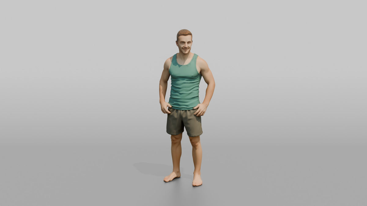 Physique Model Man Standing In A Relaxed Athletic Stance, Thumbs In Waistband - 3D character model, view 5