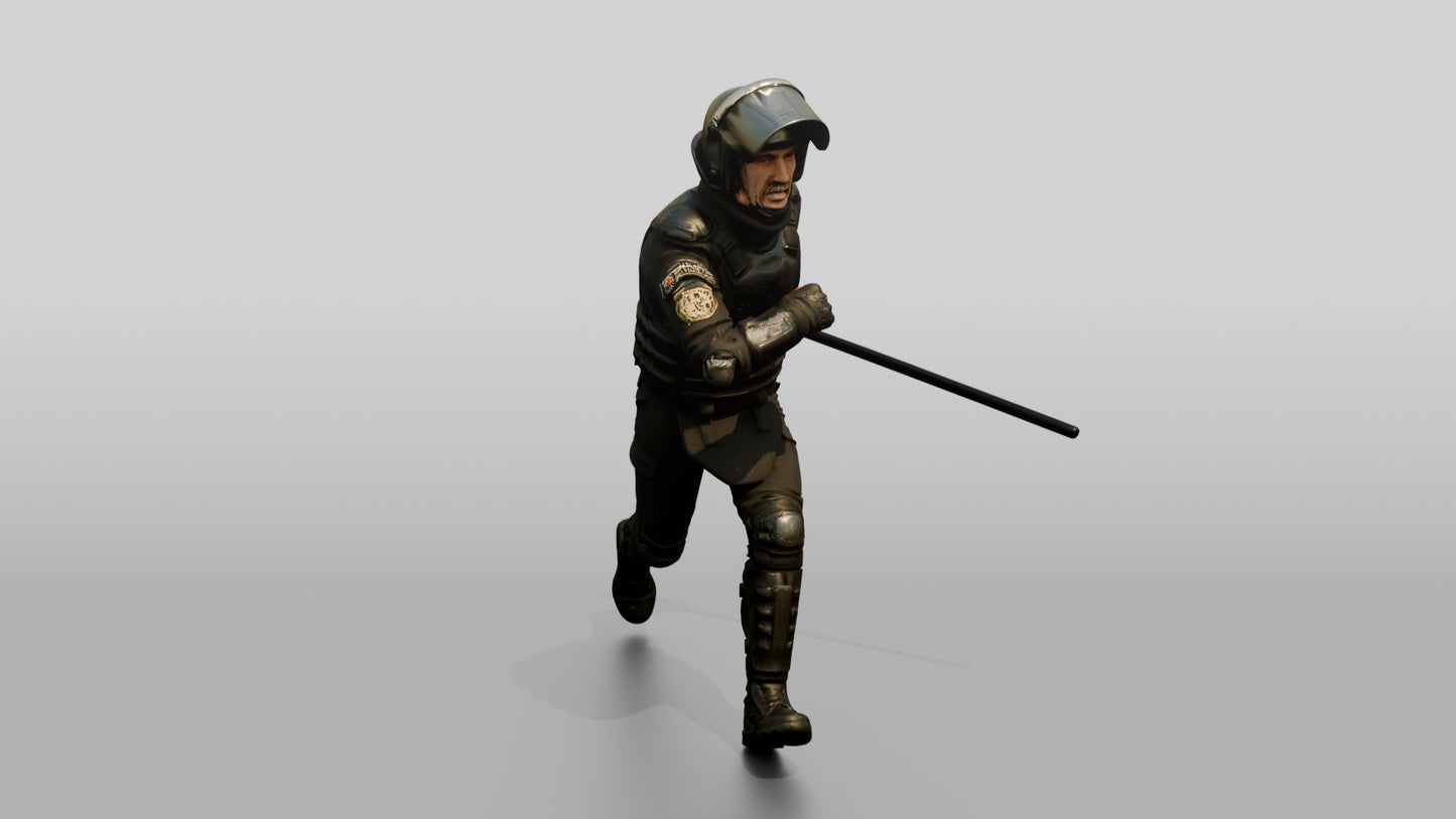 Riot Police Officer Running with Baton