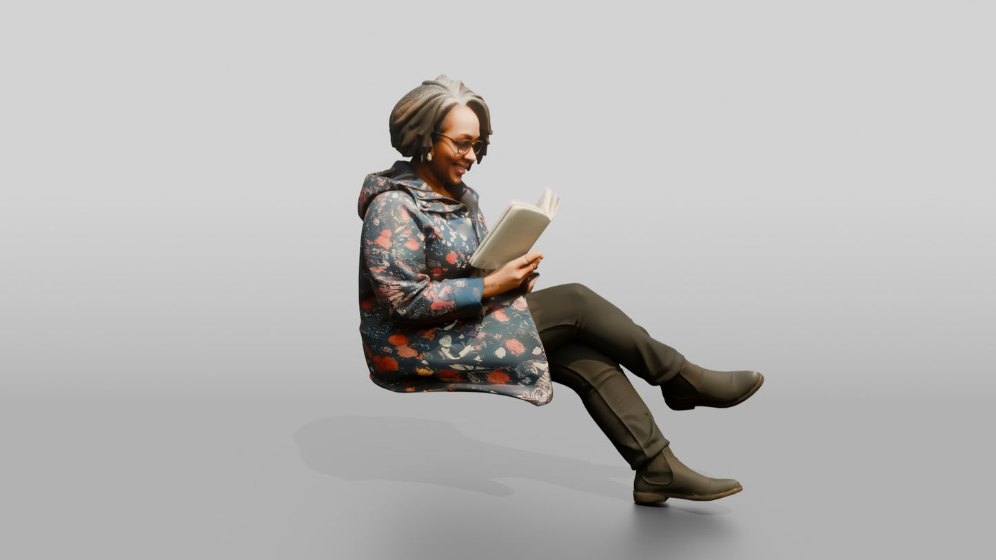 Black Woman Reading a Book in Patterned Raincoat