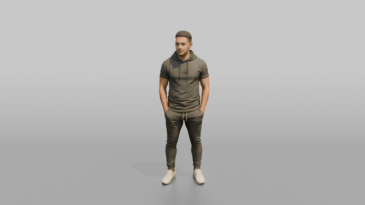 Fitness Influencer Man Standing With Hands In Pockets, Looking To The Side - 3D character model, view 5