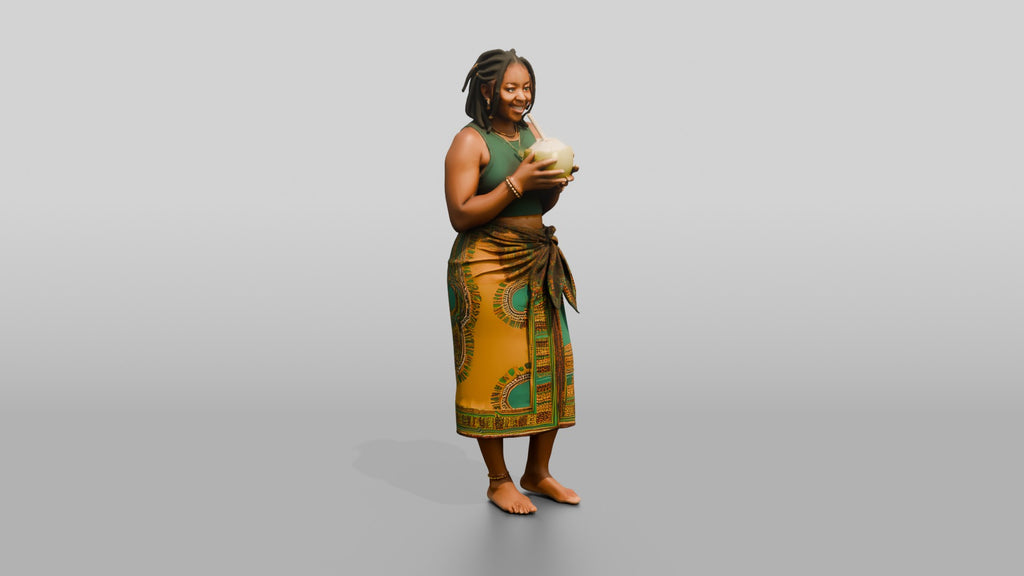 Curvy African Woman Drinking a Coconut in a Wrap Skirt