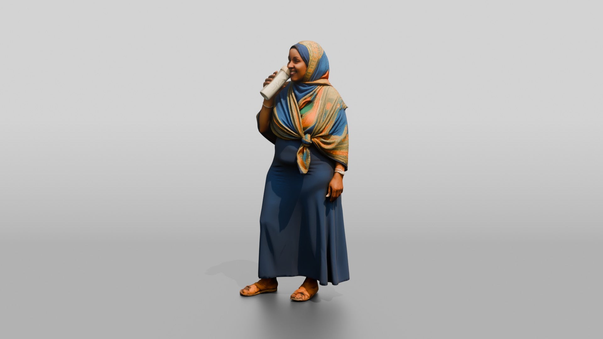 Curvy African Woman in a Headscarf Sipping Water