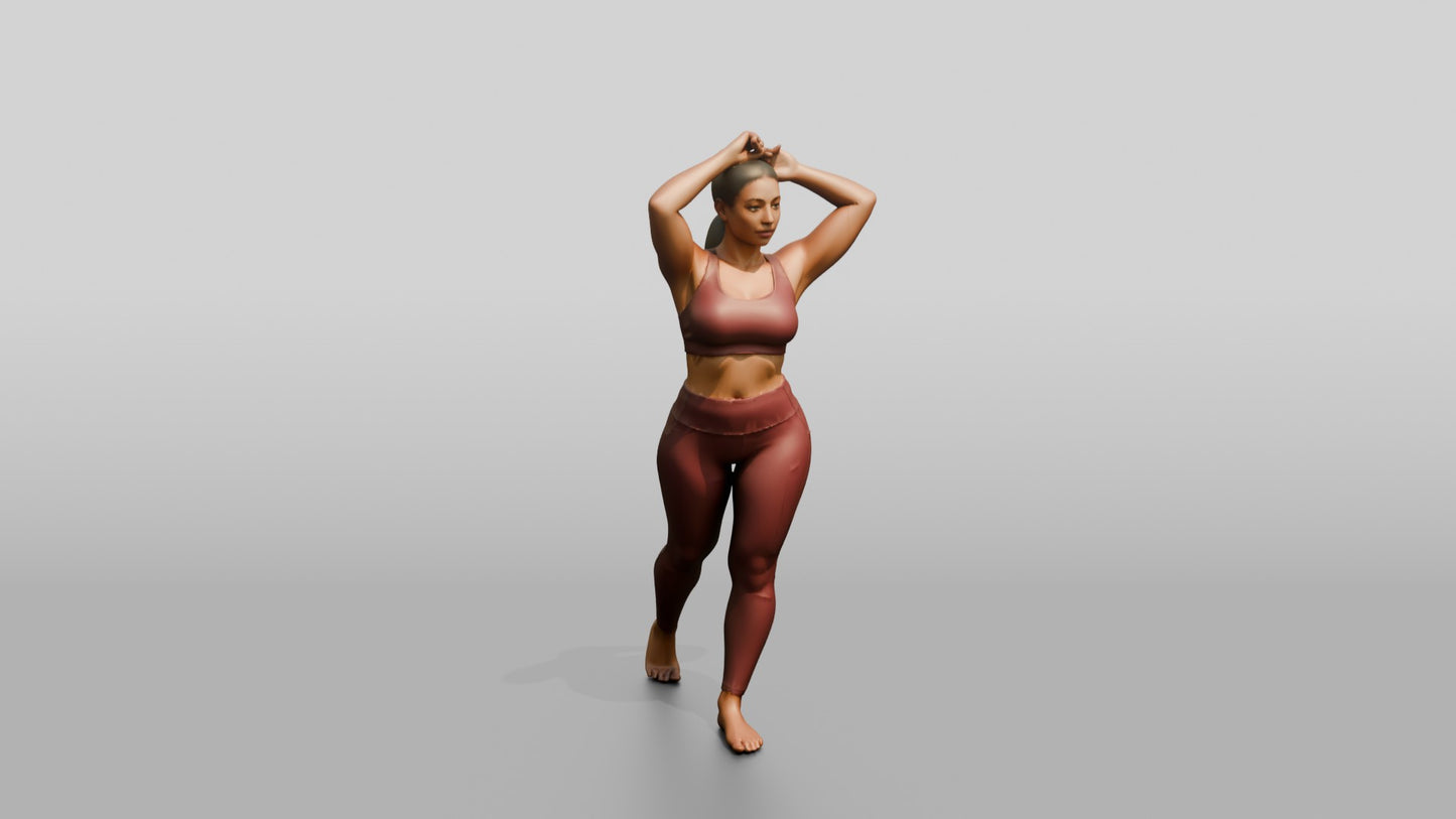 Curvy Woman in Rose Activewear Arms Raised to Her Hair