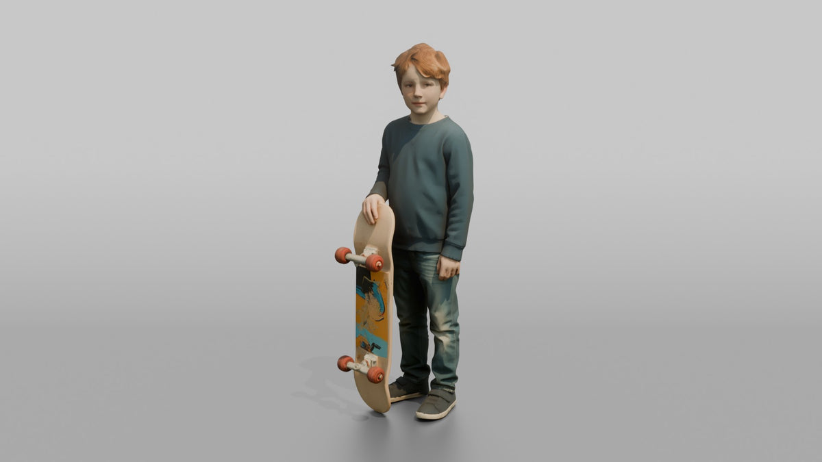 Son Holding A Skateboard Upright At His Side - 3D character model, view 5