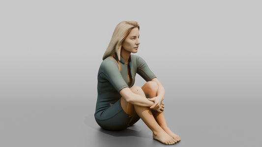 Surfer Sitting and Hugging Her Knees - 3D character model, view 1