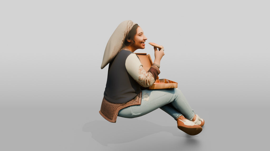 Woman in Headscarf Eating Pizza While Sitting