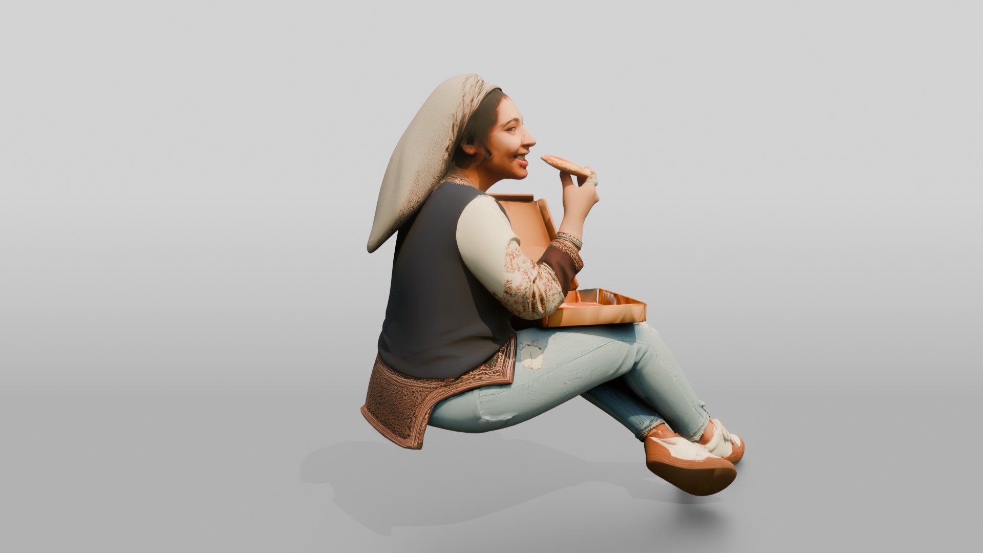 Woman in Headscarf Eating Pizza While Sitting