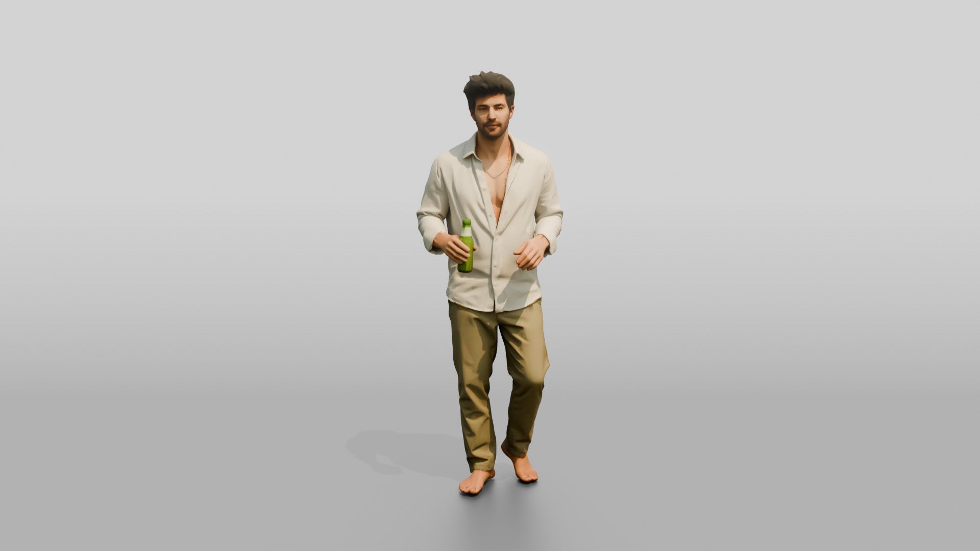 Man Holding a Bottle in White Linen