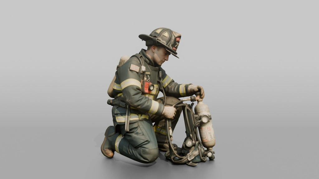 Firefighter Man Crouching While Inspecting an SCBA Valve Assembly