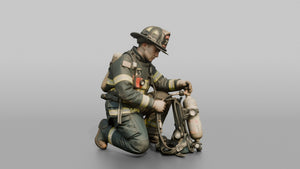 Firefighter Man Crouching While Inspecting an SCBA Valve Assembly - 3D character model, view 1