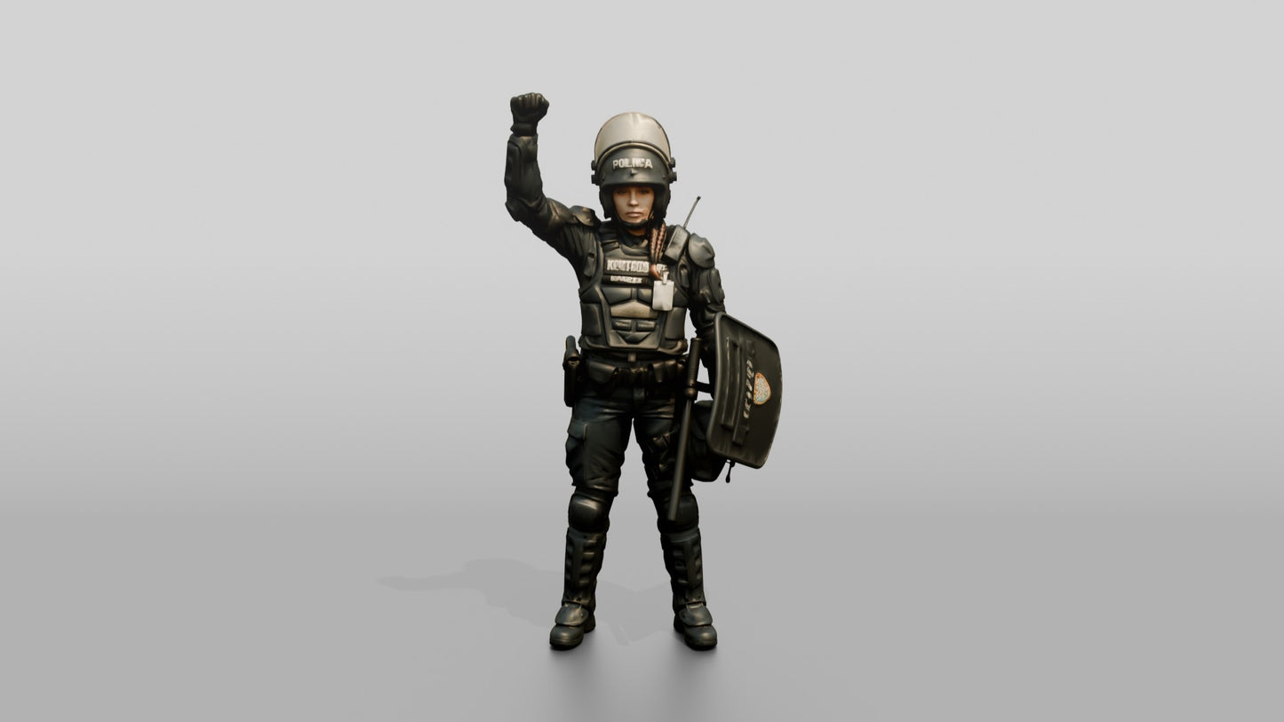 Riot Police Officer with Raised Fist and Shield