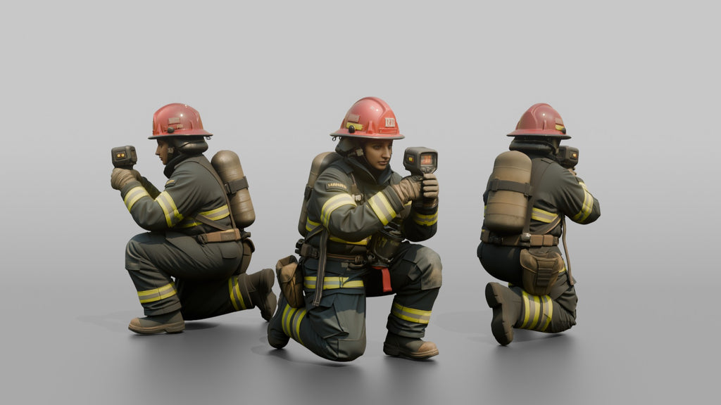 Firefighter Woman Crouching While Scanning Ahead with a Handheld Thermal Imaging Camera
