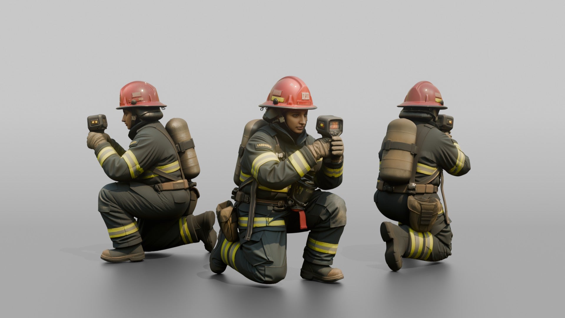Firefighter Woman Crouching While Scanning Ahead with a Handheld Thermal Imaging Camera