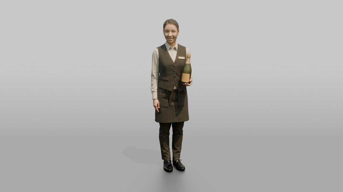 Cocktail Server Woman Holding A Bottle Of Champagne - 3D character model, view 5