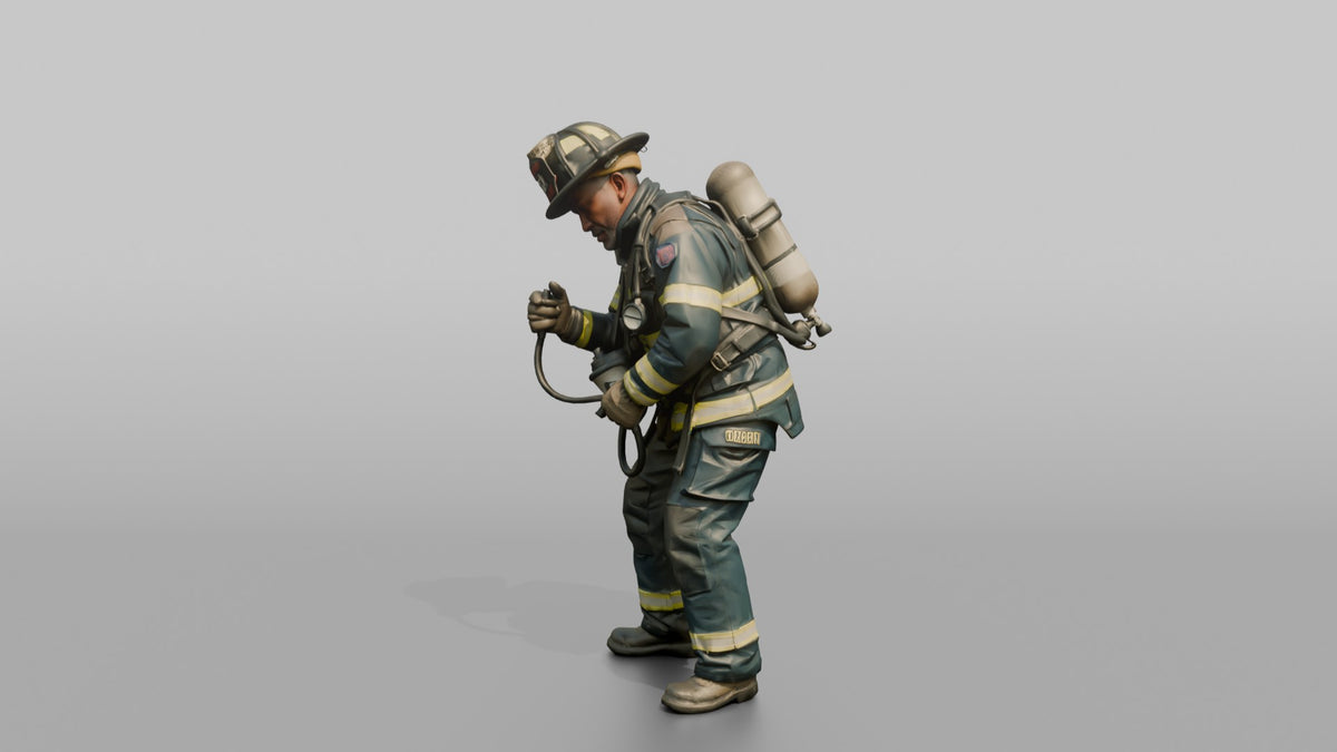 Firefighter Man Checking the Pressure Valve on His SCBA Oxygen Harness - 3D character model, view 4
