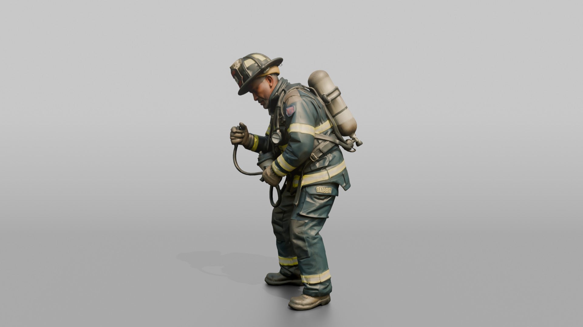 Firefighter Man Checking the Pressure Valve on His SCBA Oxygen Harness