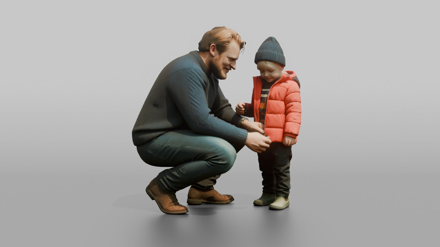 Dutch Man Crouching to Help a Child with a Coat