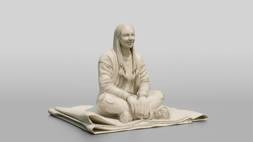 Homeless Woman Sitting on a Folded Tarp