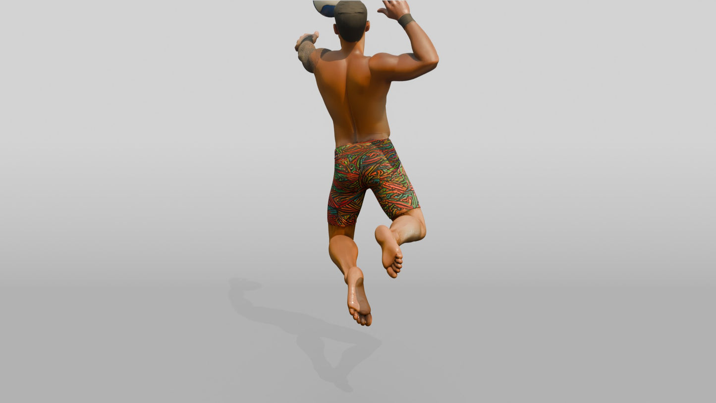 Latino Man Leaping in Beach Volleyball Pose