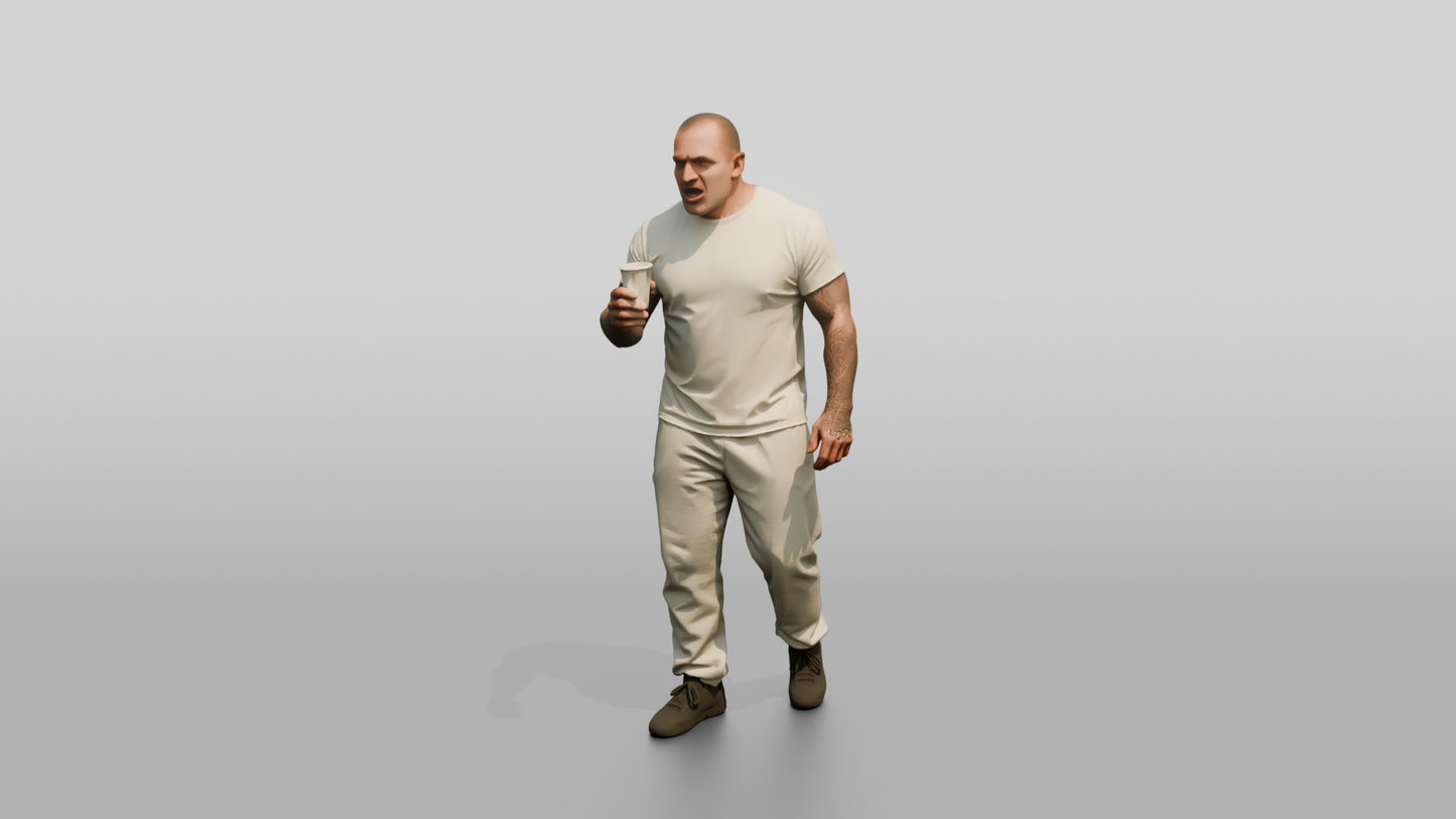 White Male Prisoner in a White T-shirt and Grey Sweatpants